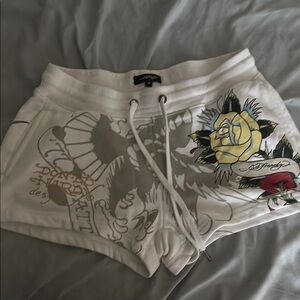 Ed Hardy White and Yellow Athletic Shorts with Graphic Design